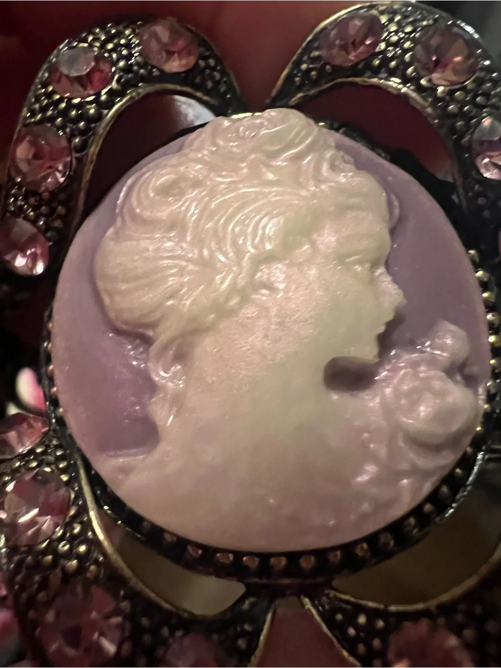 Vintage SDLZ Signed Cameo Clamper Cuff Bracelet Purple AB Rhinestone Victorian